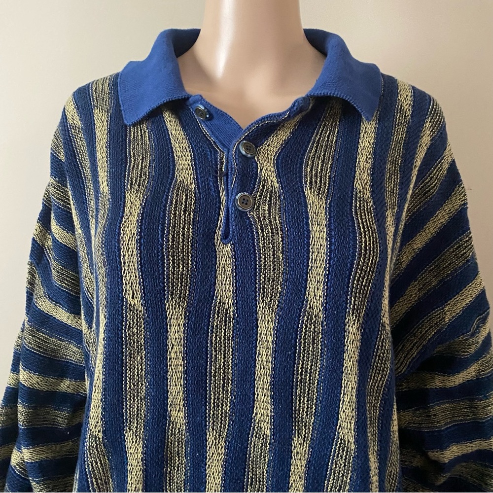 Vintage Portocruz Coogi style Elegant Blue and Gold Striped Sweater, size XL
